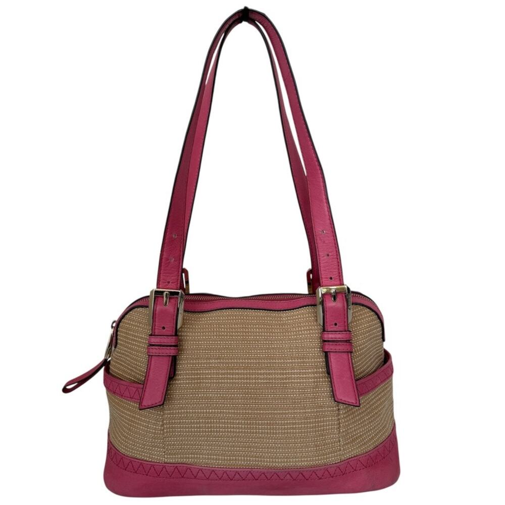 B. Makowsky Straw Exterior & Pink Leather Shoulder Bag Double Strap Tote
